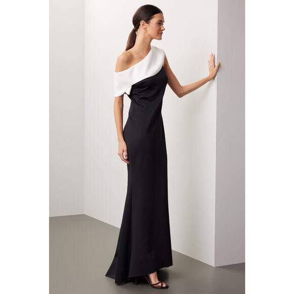 Badgley Mischka Black White Two-Tone Off Shoulder Trumpet Gown Size 4 - Picture 2 of 15